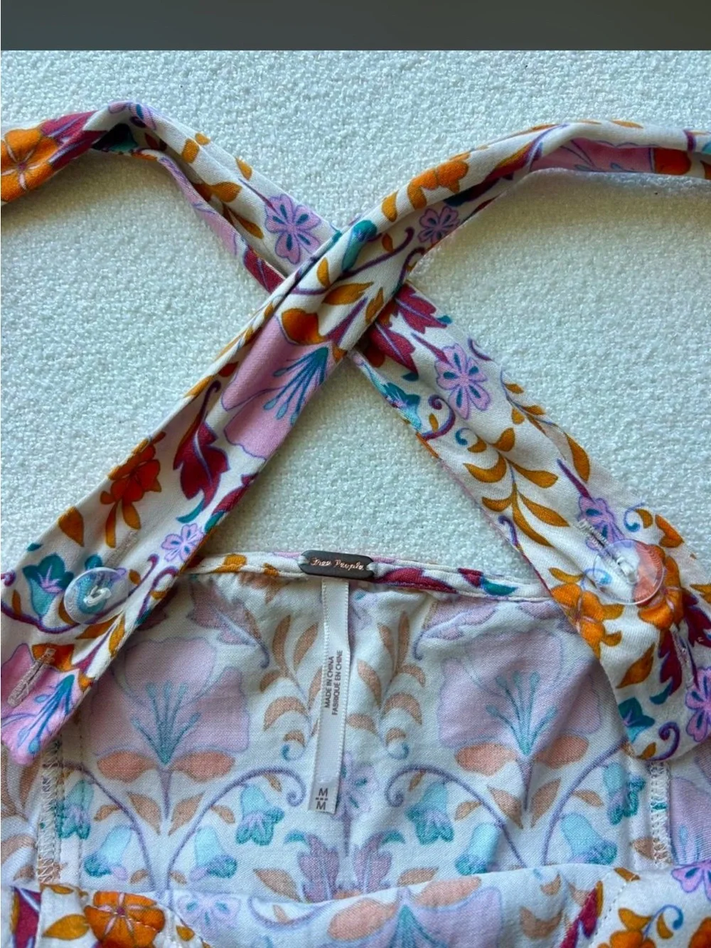 Free People White Floral Mini Dress with Pink and Orange Accents